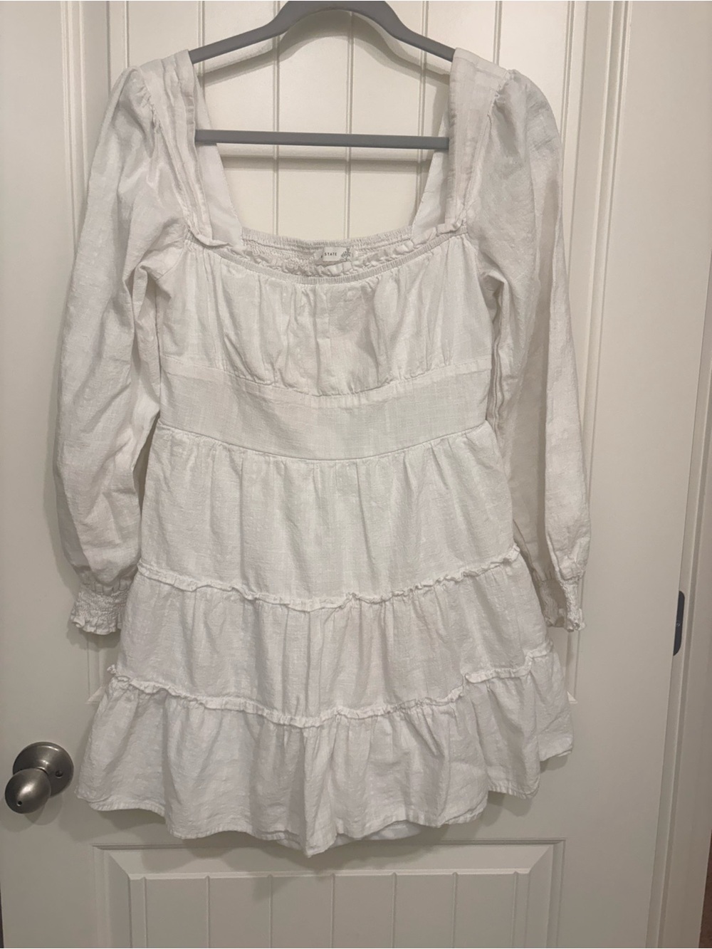 Altar'd State White Smocked Waist Tiered Long Sleeve Square Neck Dress Large